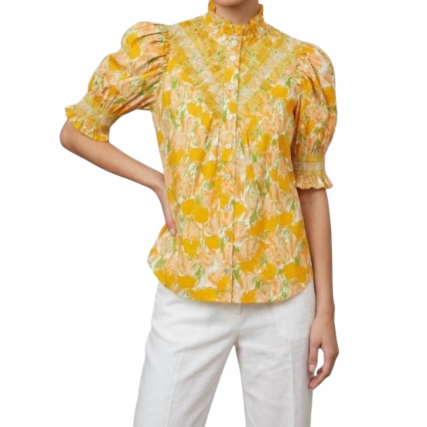 New Hope For Flowers Short Sleeve Smocked Shirt In Peach Tulips